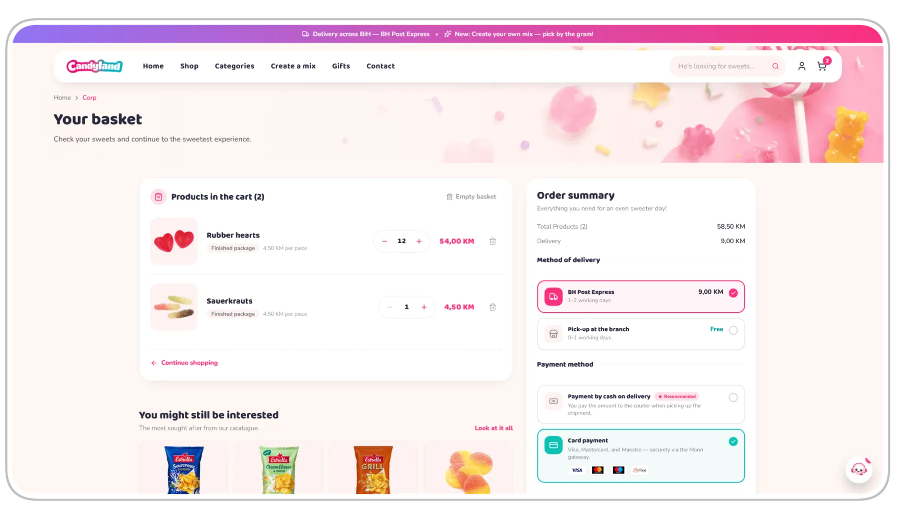 Candyland basket with order summary and payment options