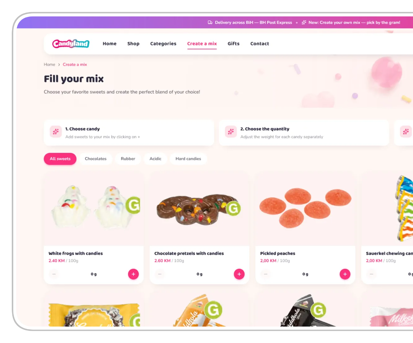 Candyland “Fill your mix” page, choosing sweets one at a time