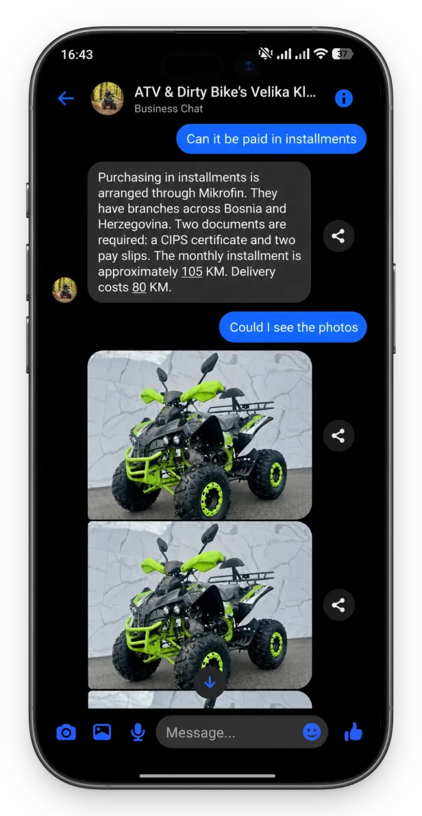 The assistant sending photos of the vehicle into the conversation