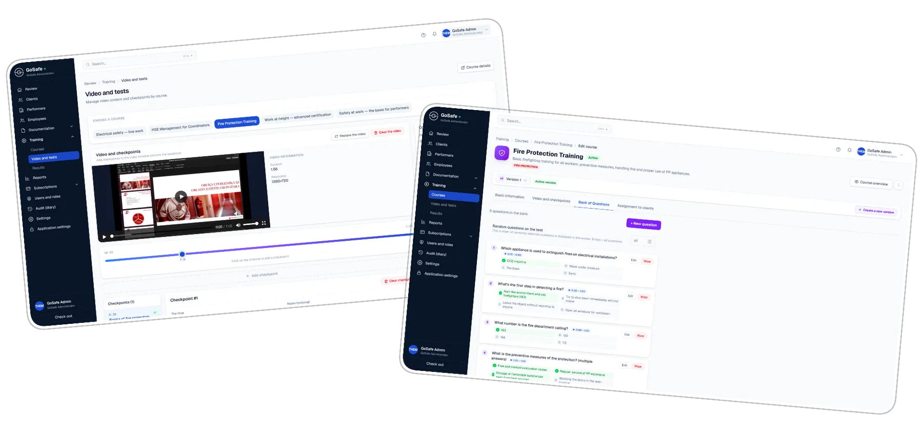 GoSafe training administration — course video with checkpoints next to a course overview