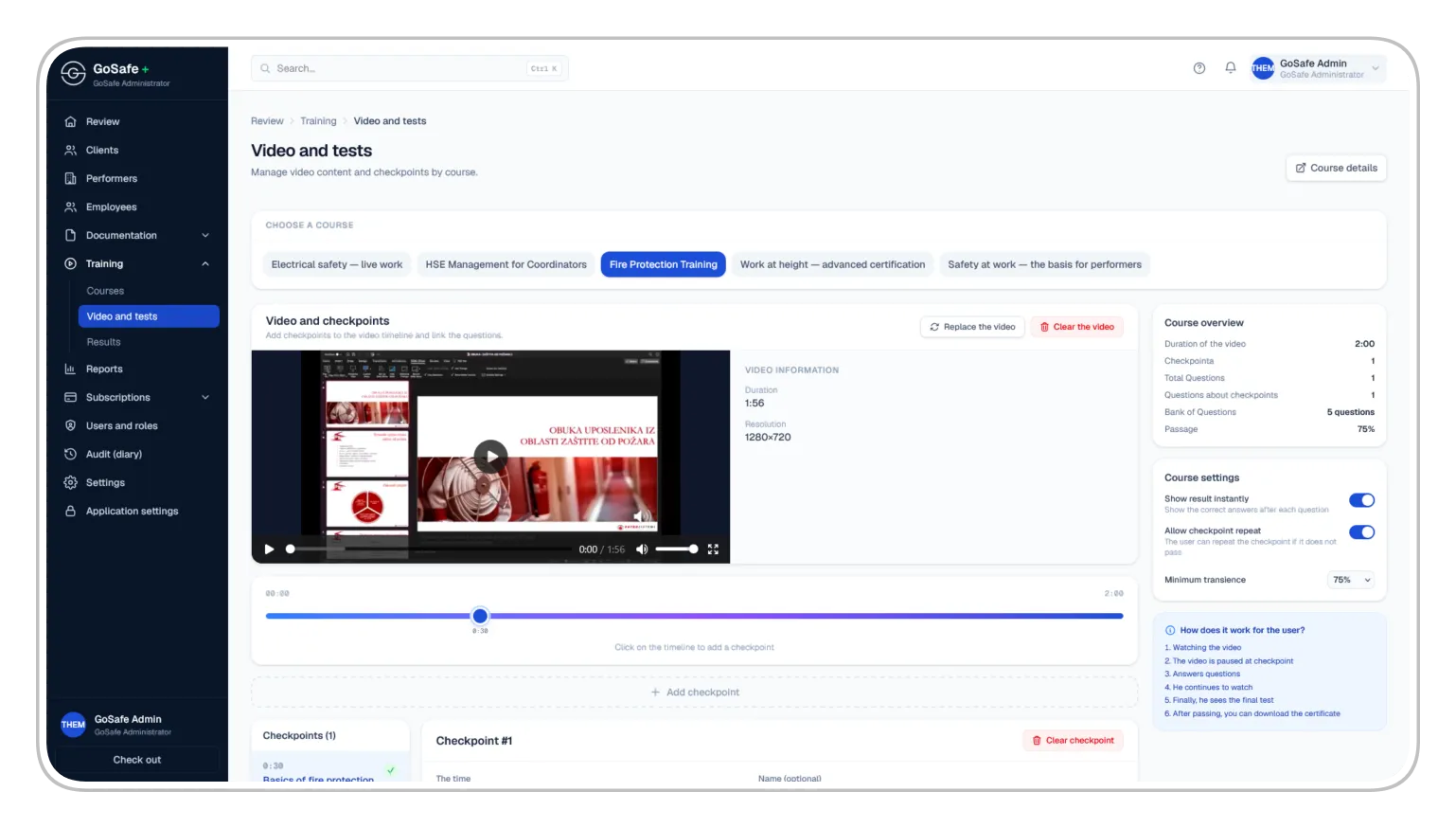 GoSafe video lesson with checkpoints on the timeline