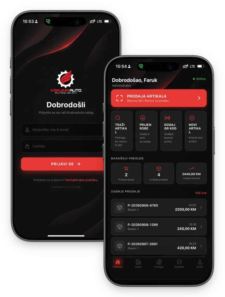 Krajina Auto staff app — sign-in screen and the home screen with quick actions and recent sales