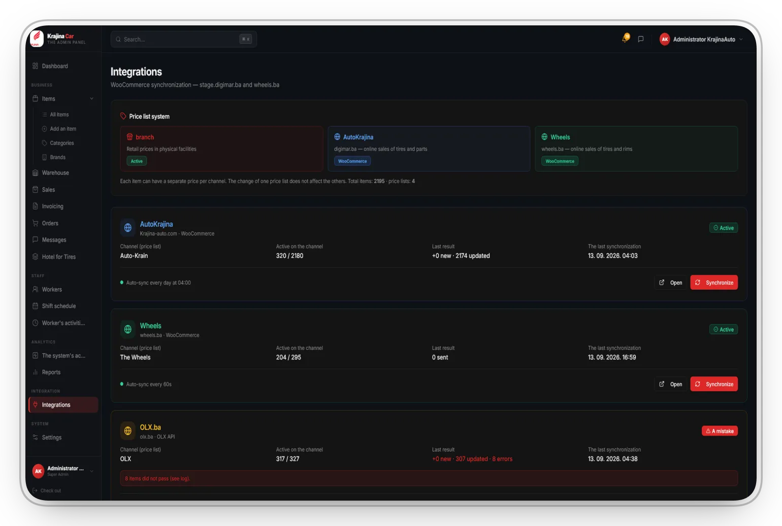 Krajina Auto integrations screen with the status of every sales channel