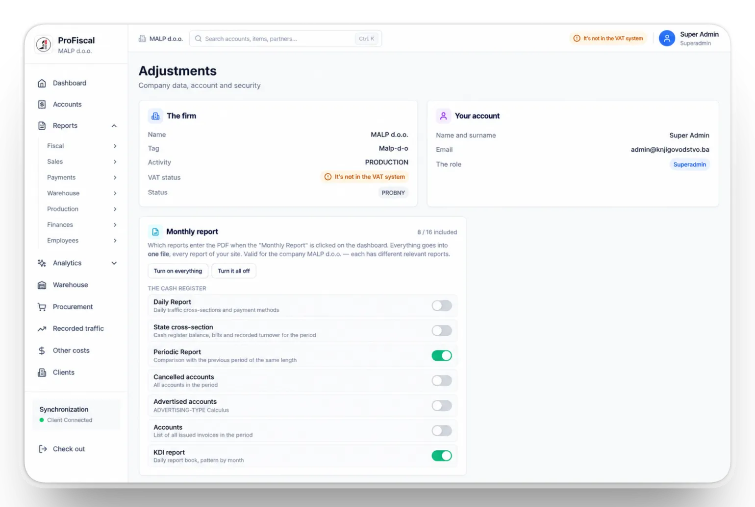 ProFiscal client settings with the monthly report pack switches