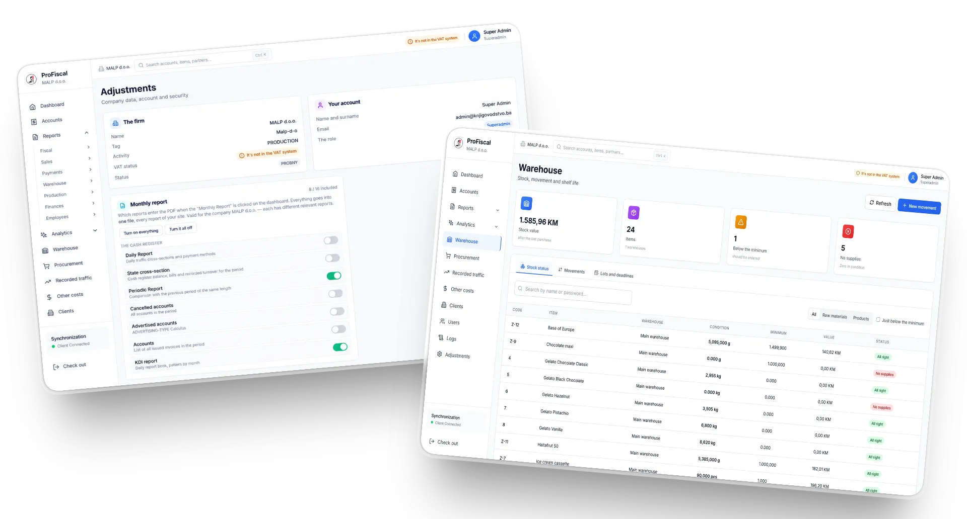ProFiscal client settings next to the warehouse overview